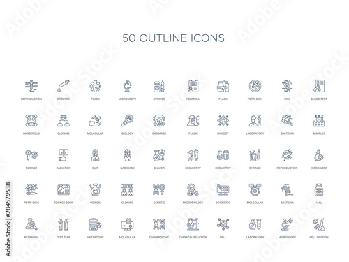 50 outline concept icons such as cell division, microscope, laboratory, cell, chemical reaction, chromosome, molecular,hazardous, test tube, research, vial, bacteria, molecular