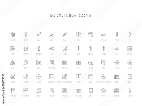 50 outline concept icons such as layers, open book, package, book, open book, notebook, notebook,book, phone notebook, hierarchical structure