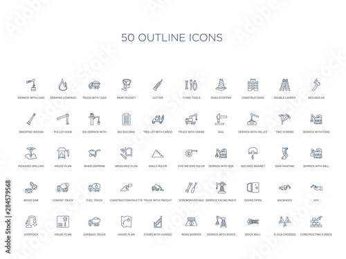 50 outline concept icons such as constructing a brick wall, flags crossed, brick wall, derrick with boxes, road barrier, stairs with handle, house plan,garbage truck, house plan, stopcock, key,