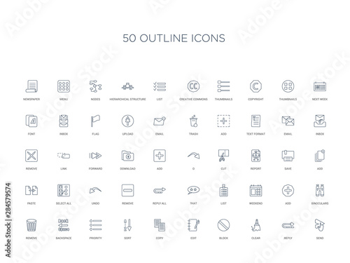 50 outline concept icons such as send, reply, clear, block, edit, copy, sort,priority, backspace, remove, binoculars, add, weekend