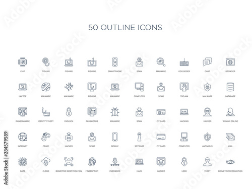 50 outline concept icons such as biometric recognition, theft, lock, hacker, hack, password, fingerprint,biometric identification, cloud, data, mail, antivirus, computer