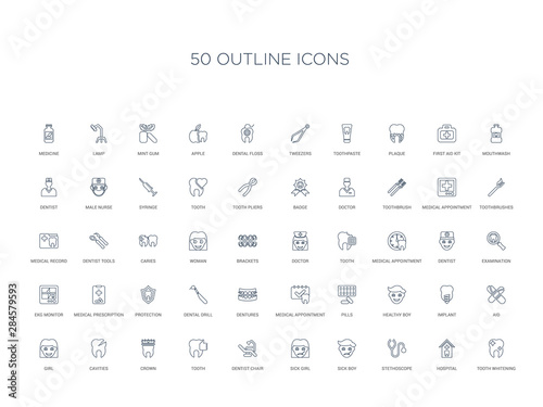 50 outline concept icons such as tooth whitening, hospital, stethoscope, sick boy, sick girl, dentist chair, tooth,crown, cavities, girl, aid, implant, healthy boy