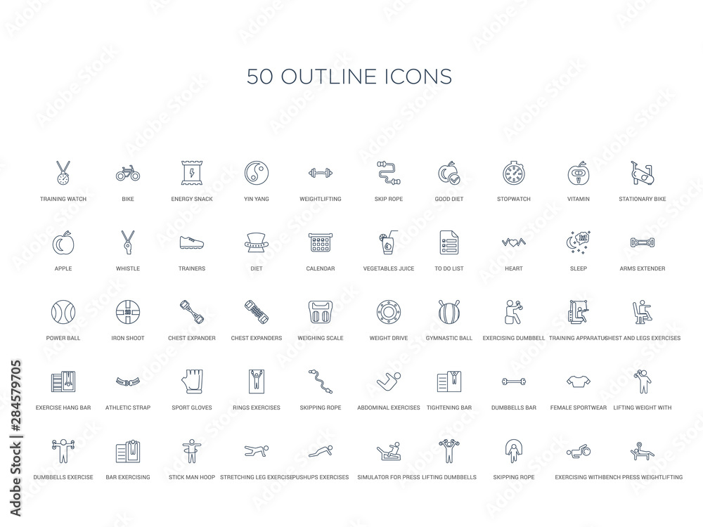 50 outline concept icons such as bench press weightlifting, exercising with gymnastic ball, skipping rope, lifting dumbbells, simulator for press, pushups exercises, stretching leg exercise,stick - obrazy, fototapety, plakaty 
