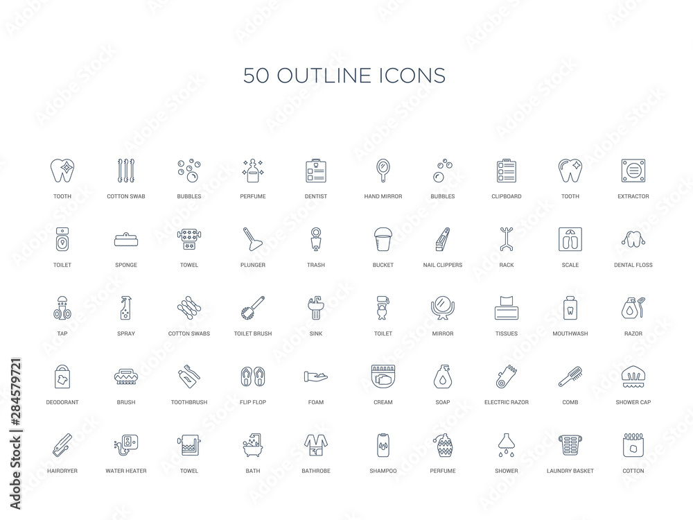 50 outline concept icons such as cotton, laundry basket, shower, perfume, shampoo, bathrobe, bath,towel, water heater, hairdryer, shower cap, comb, electric razor