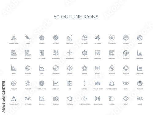 50 outline concept icons such as numbe, update, puzzle, connections, interconnected, pentagon, diagram,scatter, settings, pyramid chart, pie chart, dots, interconnected