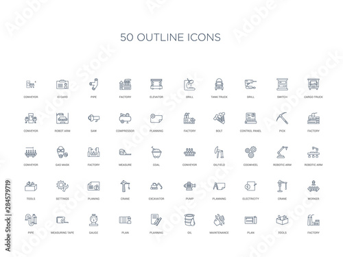 50 outline concept icons such as factory, tools, plan, maintenance, oil, planning, plan,gauge, measuring tape, pipe, worker, crane, electricity