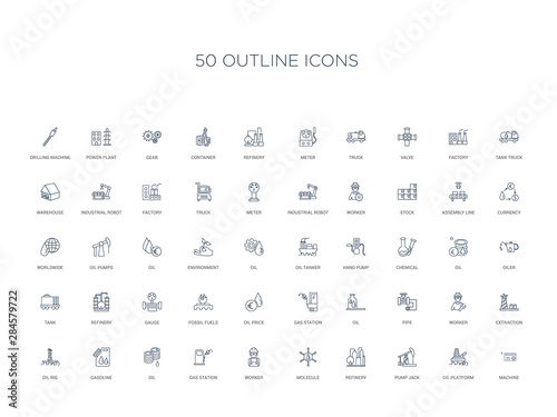 50 outline concept icons such as machine, oil platform, pump jack, refinery, molecule, worker, gas station,oil, gasoline, oil rig, extraction, worker, pipe