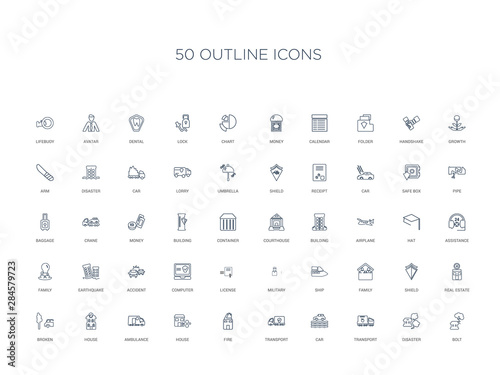 50 outline concept icons such as bolt, disaster, transport, car, transport, fire, house,ambulance, house, broken, real estate, shield, family