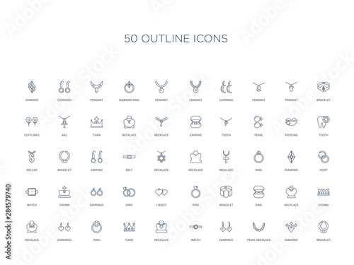 50 outline concept icons such as bracelet, diamond, pearl necklace, earrings, watch, necklace, tiara,ring, earrings, necklace, crown, ring