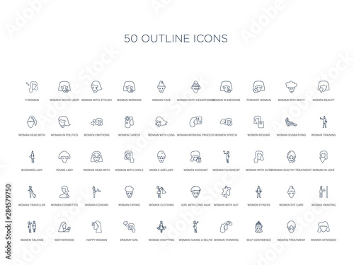 50 outline concept icons such as women stressed, women treatment, self confidence, woman thinking, woman taking a selfie, woman shopping, dreamy girl,happy motherhood, women talking, painting, eye