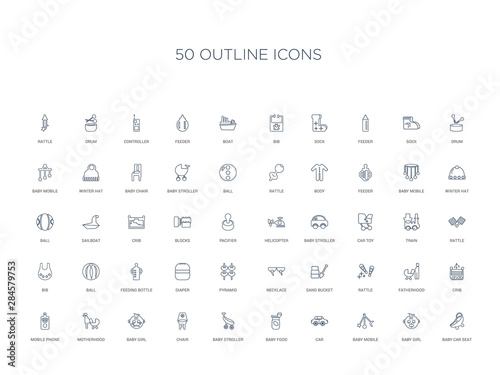 50 outline concept icons such as baby car seat, baby girl, baby mobile, car, food, stroller, chair,baby girl, motherhood, mobile phone, crib, fatherhood, rattle