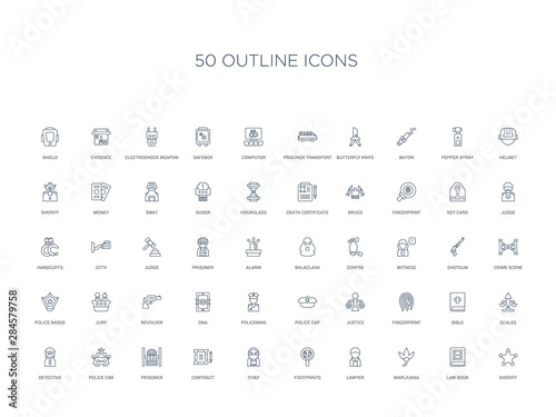 50 outline concept icons such as sheriff, law book, marijuana, lawyer, footprints, thief, contract,prisoner, police car, detective, scales, bible, fingerprint