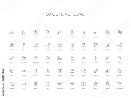 50 outline concept icons such as magic trick, wand, rings, book, card, magic lamp, ball,tarot, dust, pyramid, esoteric, smoke, fetters