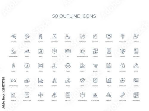 50 outline concept icons such as enterprise, execution, analyze, fluctuation, performance, gazette, benefits,diversify, verification, growth, visitor, commission, yield