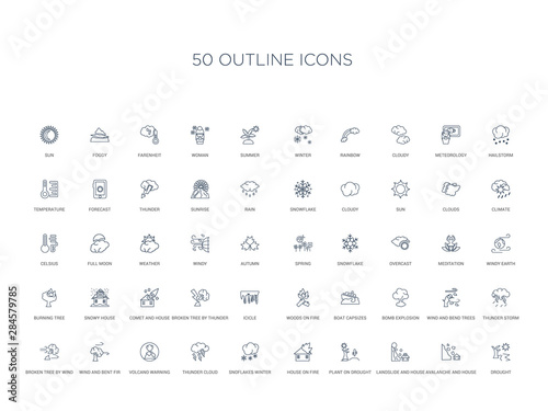 50 outline concept icons such as drought, avalanche and house, landslide and house, plant on drought, house on fire, snoflakes winter cloud, thunder cloud,volcano warning, wind and bent fir, broken