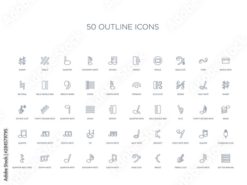 50 outline concept icons such as dotted barline, eighth note, treble clef, brace, bass clef, eighth note, sixteenth note,quarter note, eighth quarter rest, charging plug, quaver, eight rest