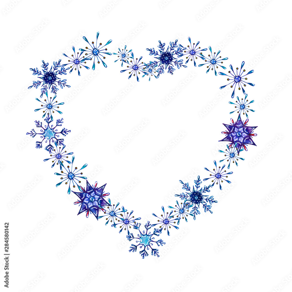 Hand painted Christmas watercolor snowflakes template. Decorative Snowflakes in heart shape isolated on white background. Perfect for card, invitation, logo design, etc.