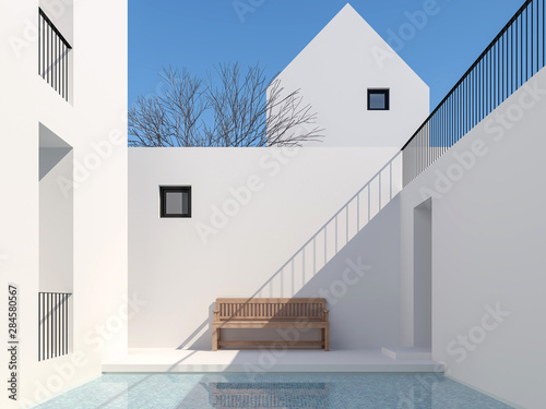 Minimal style pool courtyard 3d render,There are a swimming pool with blue tiles Surrounded by white buildings Decorated with wooden benches With clear sunlight shining down. photo