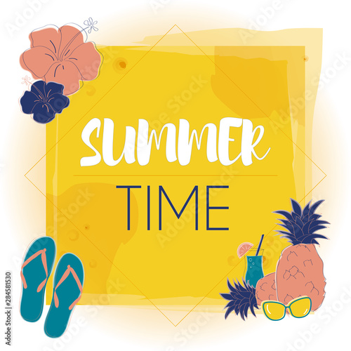 Colorful and Simple Summer Time Vector Banner with Tropical Flowers, Pineapple, Sunglasses, Flip Flops and Drink