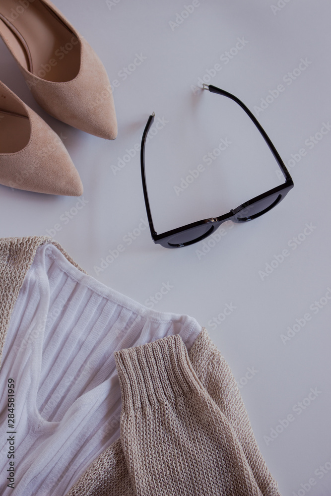 Female scandinavian fashion composition. Top view, flat lay Female scandinavian fashion composition. Top view, flat lay
