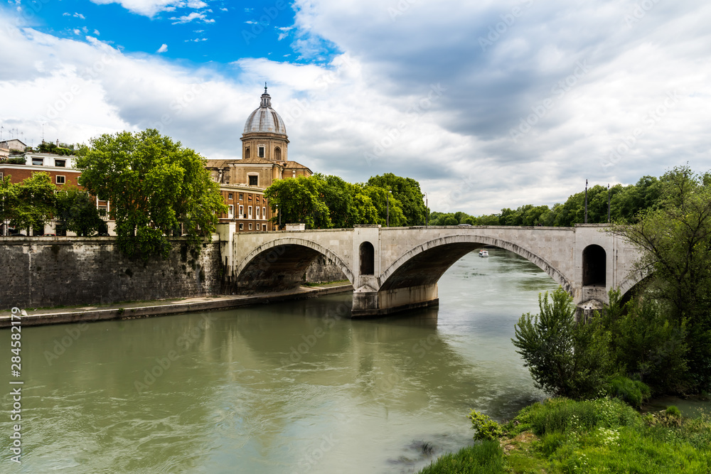 Church on the Tiber river. Rome, Italy.