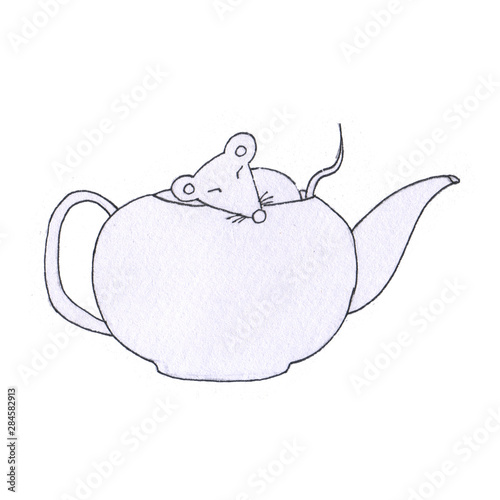 Mouse Sonya sleeping in a teapot - One of the characters in the book of Lewis Carroll 