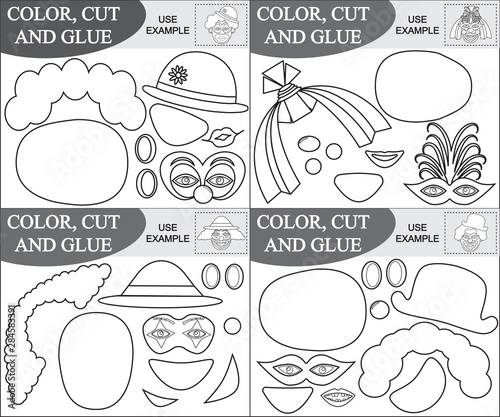 Cut and glue clowns, coloring book. Educational games for kids. Vector illustration.