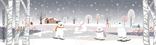 Panoramic of winter landscape,Vector illustration of horizontal banner of winter wonderland at countryside with snow covering,house,moutain,trees and cute polar bear on ice skates,Merry Christmas