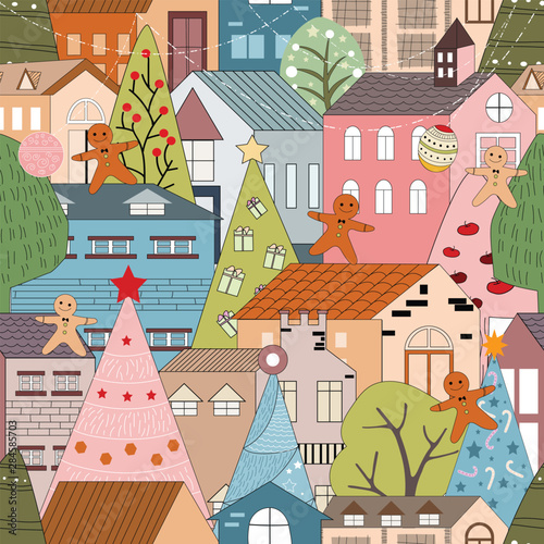 Seamless Christmas landscape in the town with fairy tale houses,Ginger bread man,Christmas trees with decorations,city on holiday eve,Cute winter city life in flat design,