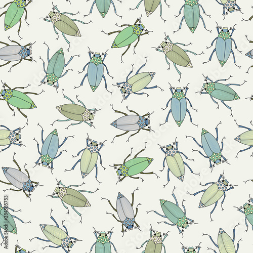 Vector Green Brown Blue Beetles Bugs Insects on Beige Seamless Repeat Pattern