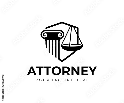 Lawyer firm logo design. Pillar, scales of justice and shield vector design. Law and justice logotype