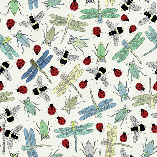 Vector Brown Green Blue Red Bugs Insects on Beige Seamless Repeat Pattern