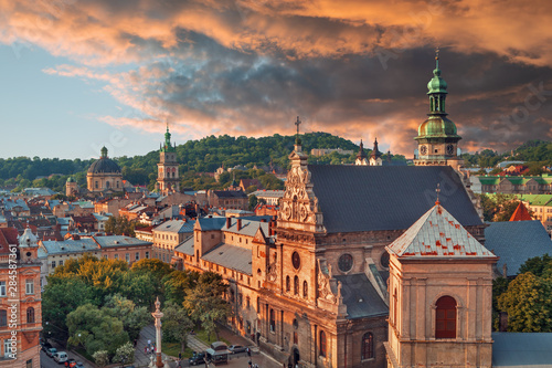 Lviv - historival city old town skyline at sunset, Ukraine