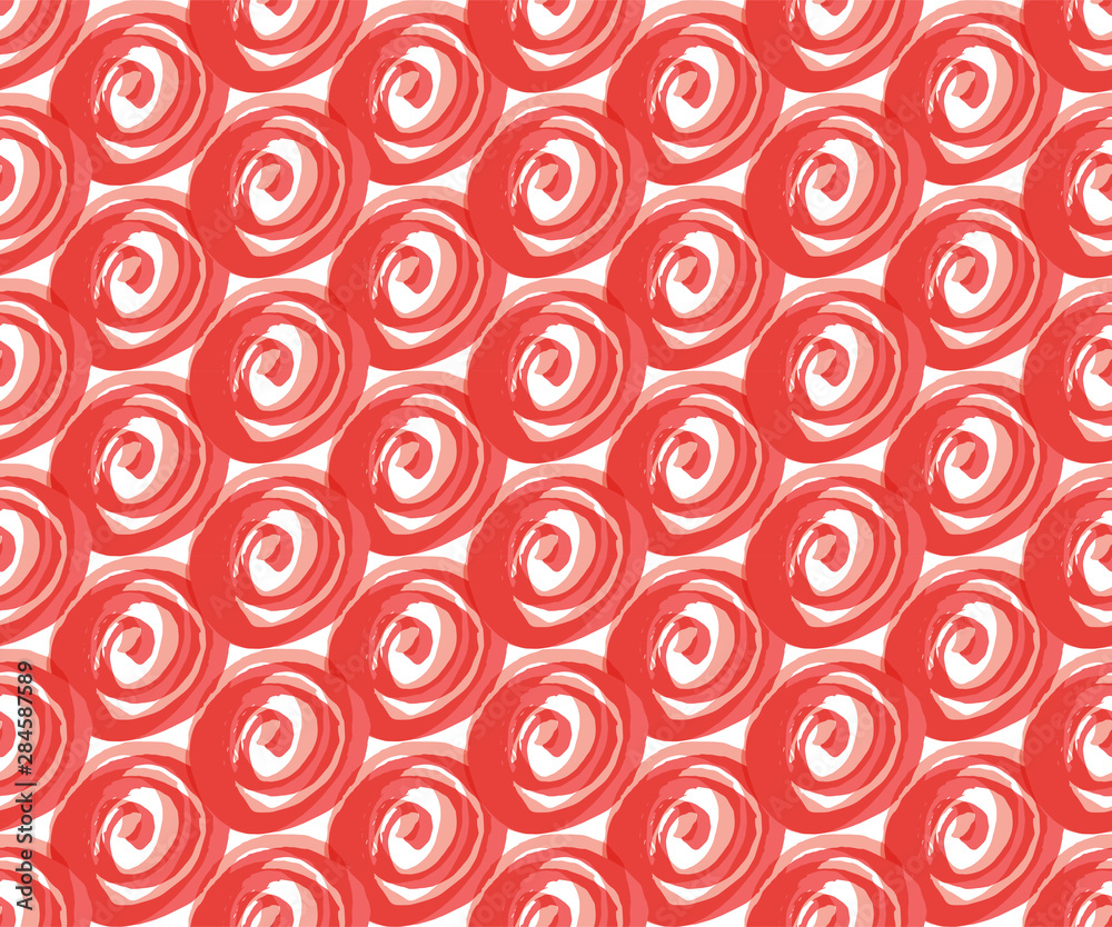 Abstract seamless vector pattern, pink and red circles. A spiral, a curl drawn with a brush. Graphic element. Color spiral. For packaging design, background for websites, textiles, surface decoration