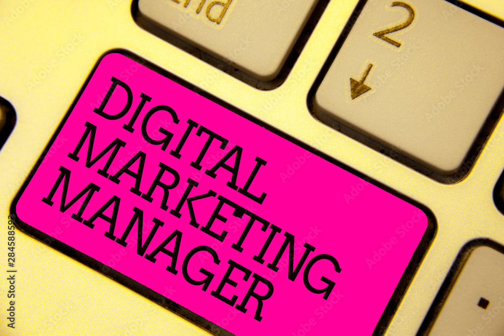 Word writing text Digital Marketing Manager. Business concept for optimized for posting in online boards or careers Keyboard pink key Intention create computer computing reflection document