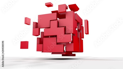 3D animation of a rotating red cube. The cube breaks into fragments and restores.