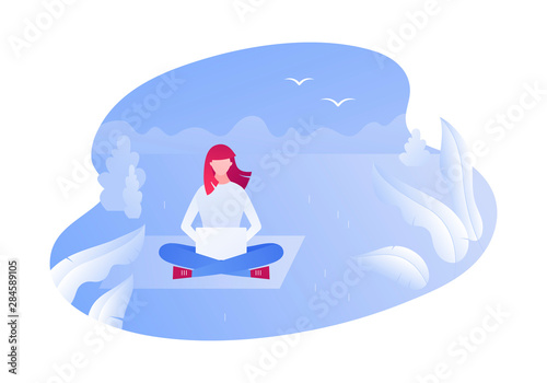 Vector modern flat outdoor working character illustration. Young woman sitting with laptop on nature park with leaf. Concept of freelance work in relax landscape Design element for banner, poster, web