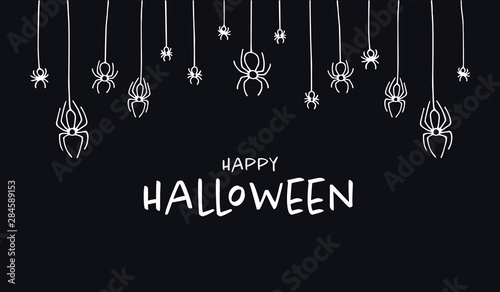 Vector hand drawn cartoon halloween banner template Simple white text and spider symbols hanging on net isolated on black. Design holiday poster for party, invitation card, sale.