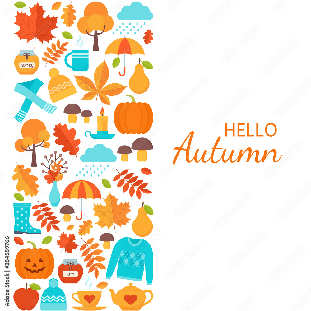 Autumn background. Vector. Hello Autumn greeting card. Template in flat design on white backdrop. Fall leaves decoration square poster. Cartoon colorful illustration