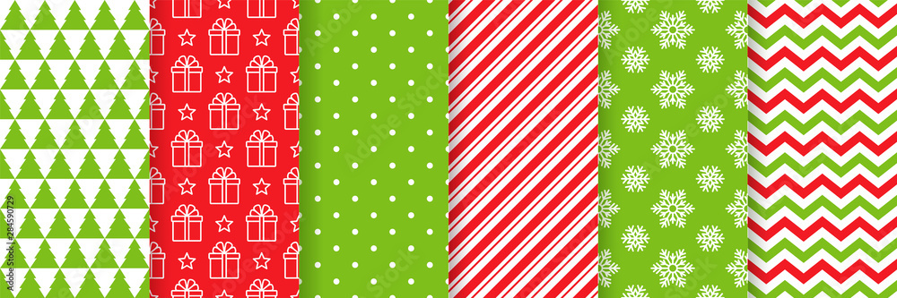 Christmas seamless pattern. Holiday background. Vector. Xmas New year texture with tree, gift, polka dot, candy cane, snowflake, zigzag. Print for wrapping paper, web, textile. Red green illustration Christmas seamless pattern. Holiday background. Vector. Xmas New year texture with tree, gift, polka dot, candy cane, snowflake, zigzag. Print for wrapping paper, web, textile. Red green illustration
