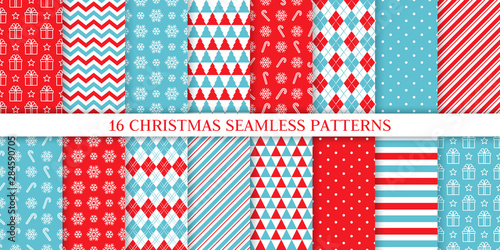 Christmas pattern. Holiday seamless background. Vector. Xmas New year endless texture with gift, snowflake, candy cane stripe, polka dot, rhombus. Print for wrapping paper web textile. Illustration