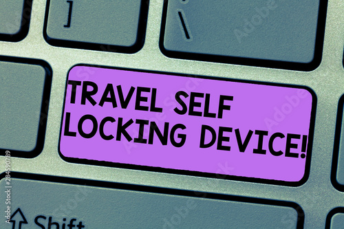 Writing note showing Travel Self Locking Device. Business photo showcasing Protecting your luggage Lock baggage on trip Keyboard Intention to create computer message keypad idea photo