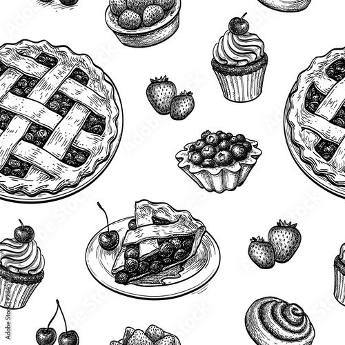 Seamless pattern with fresh fruit pastries.