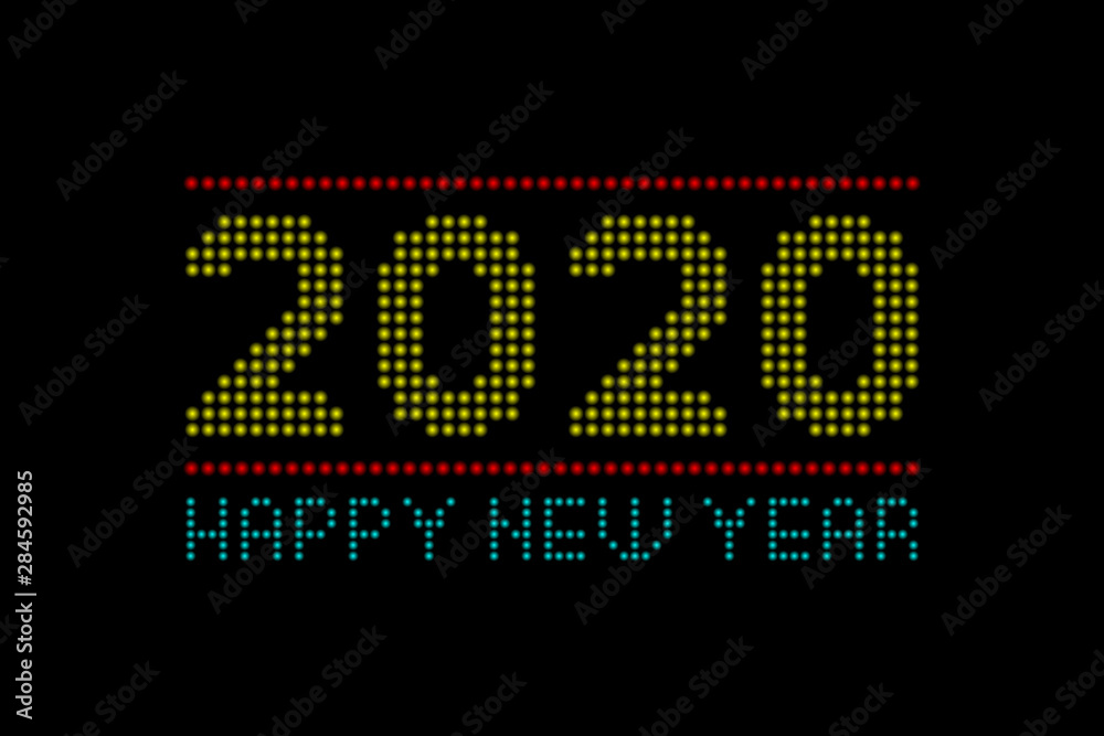 Happy New Year 2020. Bright numbers and text on a black background. Vector drawing. Isolated object. Texture.