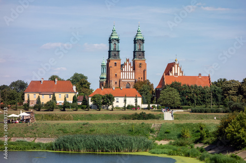 The landscape with the centuries old red brick building of Cathedral of Saint Peter and Paul in Poznan, Poland