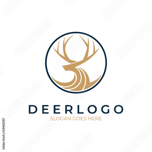 deer logo in circle  shape, flat line style, antler icon, ,antelope head, simple Fototapete