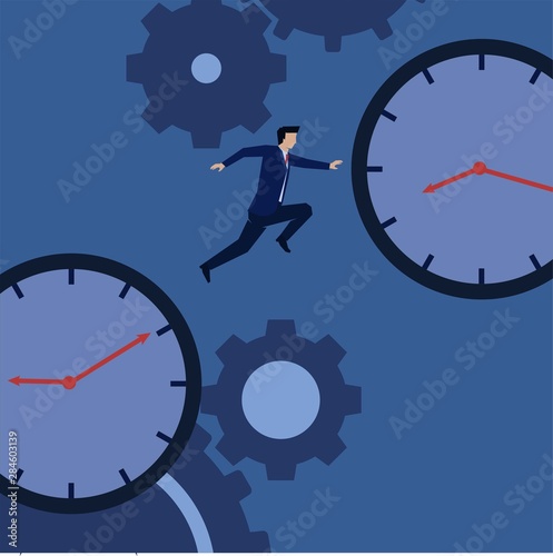 Businessman jump from clock to another with gear background metaphor of time management.