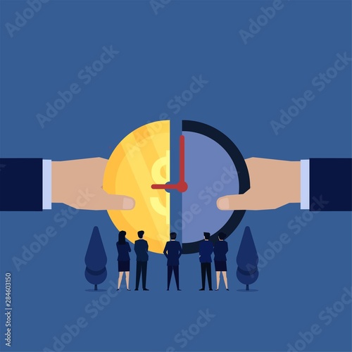 Business hand unite coin and clock metaphor of work hours.