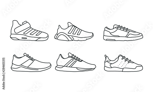 Set of sports and lifestyles shoes, sneaker vector hand drawn collection, shoe lineart icon. new shoe illustration for sport & branding design element