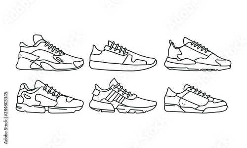 Set of sports and lifestyles shoes, sneaker vector hand drawn collection, shoe lineart icon. new shoe illustration for sport & branding design element